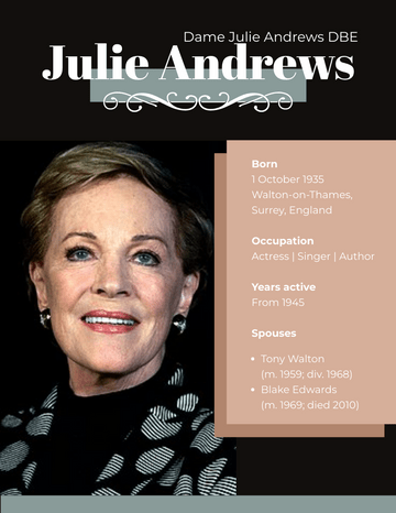 Biography 模板。 Julie Andrews Biography (由 Visual Paradigm Online 的Biography軟件製作)