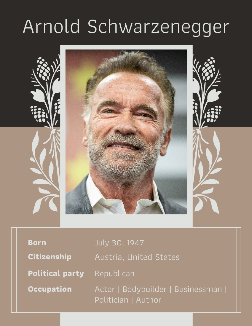 Biography template: Arnold Schwarzenegger Biography (Created by Visual Paradigm Online's Biography maker)