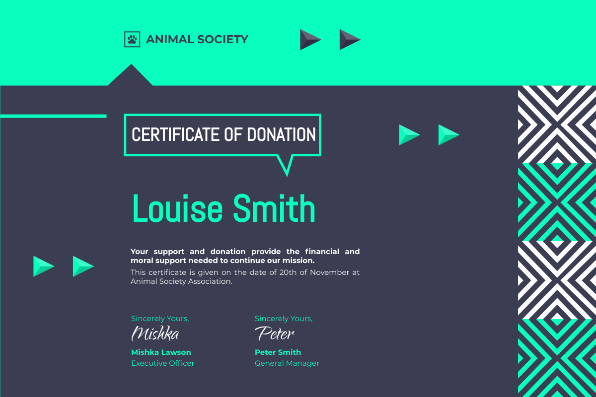 Certificate template: Mint Green Certificate For Donation (Created by Visual Paradigm Online's Certificate maker)