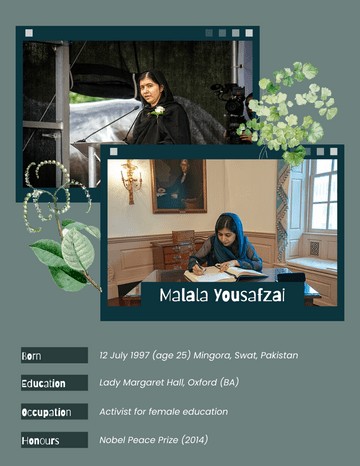 Biography 模板。 Malala Yousafzai Biography (由 Visual Paradigm Online 的Biography軟件製作)