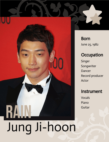 Biography template: Jung Ji-hoon (Rain) Biography (Created by Visual Paradigm Online's Biography maker)