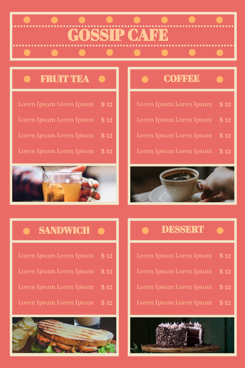 Menu template: Carol Dotty Cafe Menu (Created by InfoART's Menu maker)