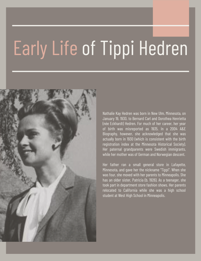 Biography template: Tippi Hedren Biography (Created by Visual Paradigm Online's Biography maker)