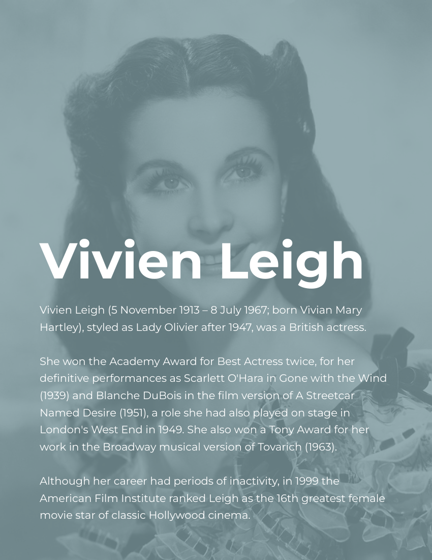 Biography template: Vivien Leigh Biography (Created by Visual Paradigm Online's Biography maker)