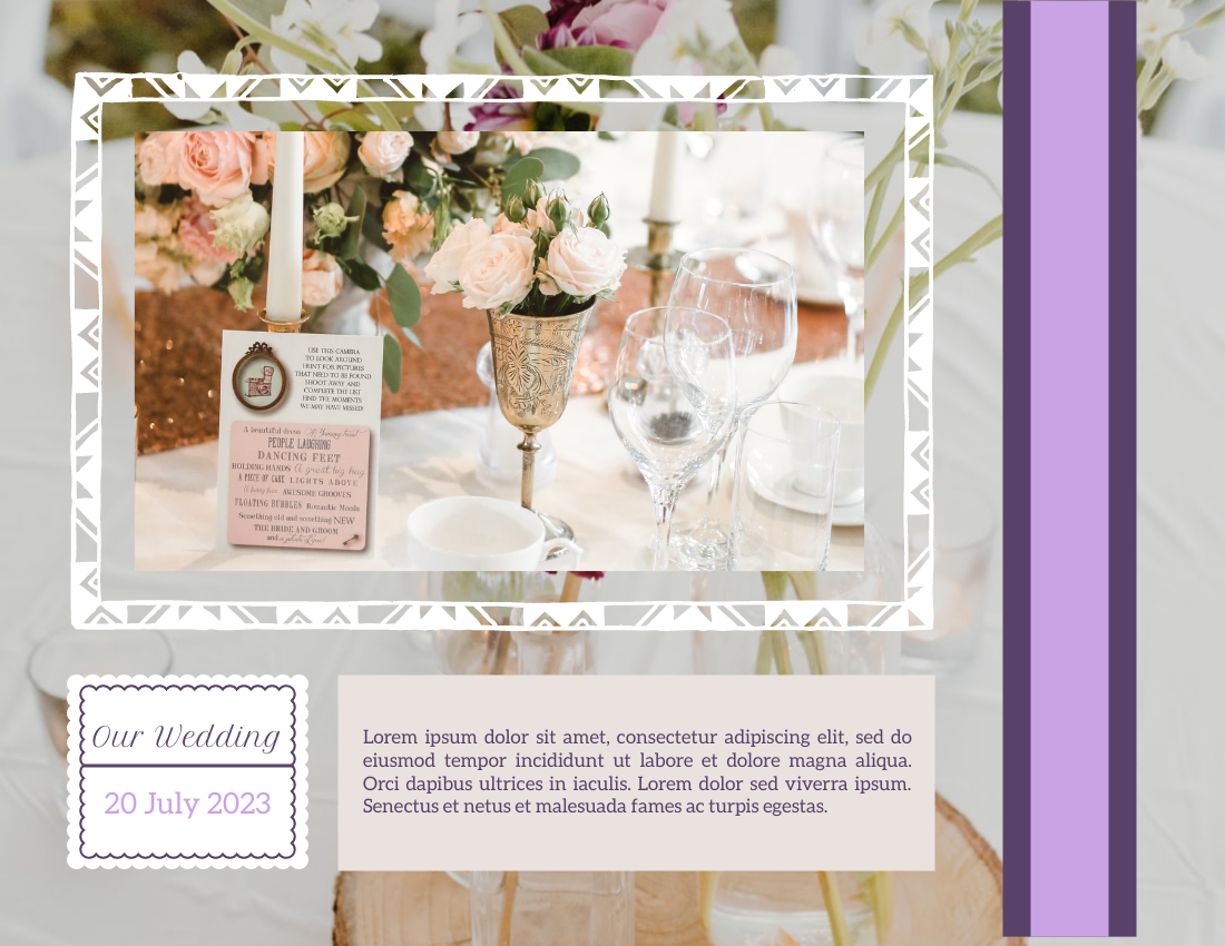 婚礼照相簿 模板。Purple Wedding Scrapping Photo Book (由 Visual Paradigm Online 的婚礼照相簿软件制作)