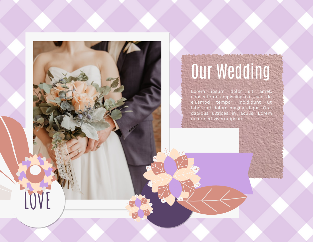 婚禮照相簿 模板。 Purple Wedding Scrapping Photo Book (由 Visual Paradigm Online 的婚禮照相簿軟件製作)