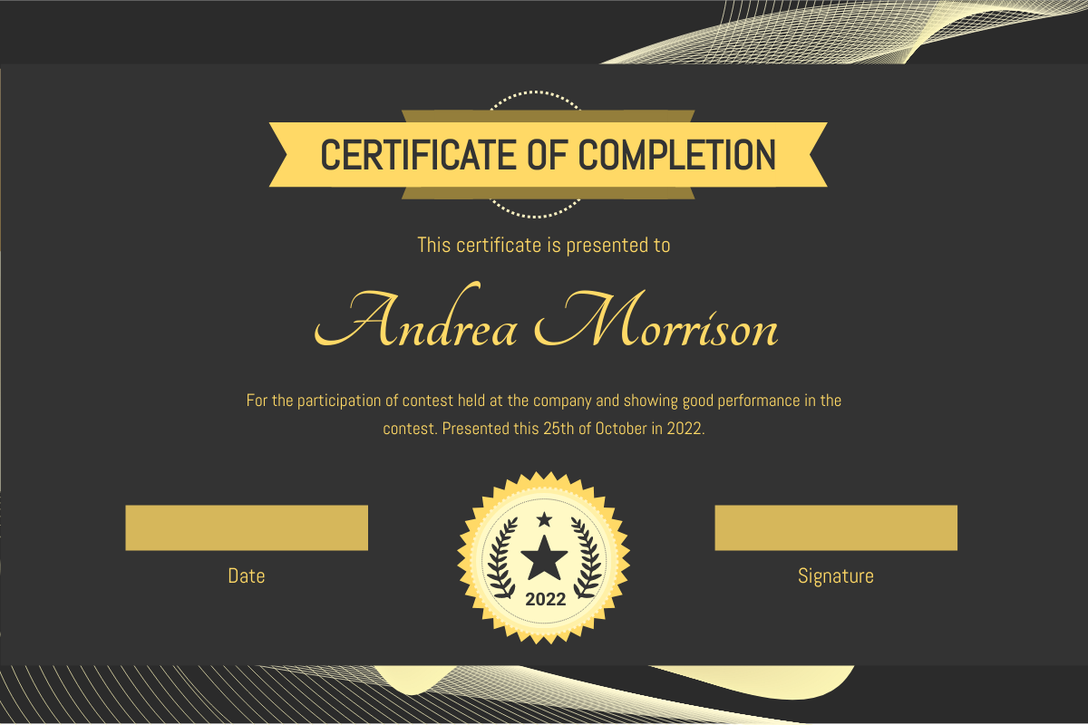 Certificate template: Golden Resonance Certificate Of Completion (Created by Visual Paradigm Online's Certificate maker)