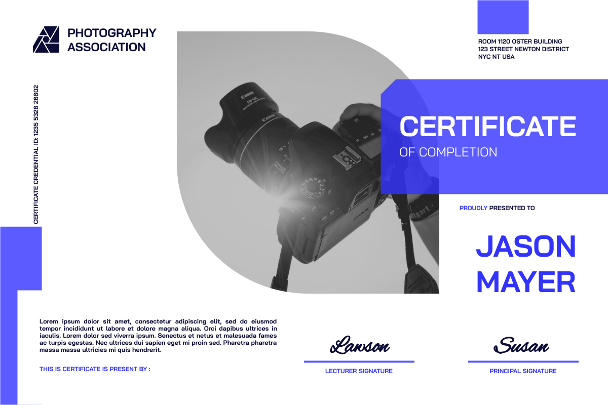 Certificate template: Photography Course Completion Certificate (Created by Visual Paradigm Online's Certificate maker)