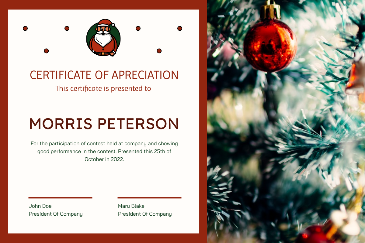 Certificate template: Christmas Santa And Tree Photo Certificate (Created by InfoART's Certificate maker)