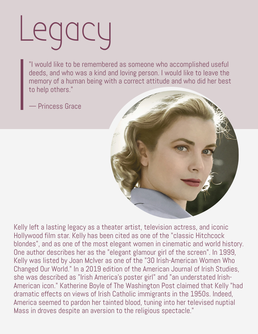 Biography template: Grace Kelly Biography (Created by Visual Paradigm Online's Biography maker)