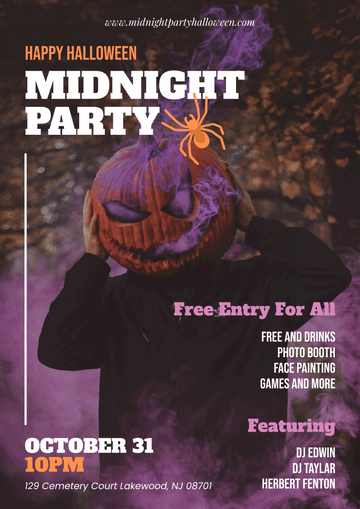 海報 模板。 Halloween Midnight Party Poster (由 Visual Paradigm Online 的海報軟件製作)