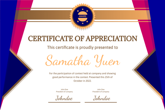 Certificate template: Blue Curtain Certificate Of Appreciation (Created by Visual Paradigm Online's Certificate maker)