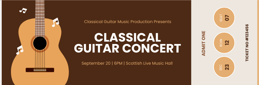 Editable tickets template:Classical Guitar Concert Ticket