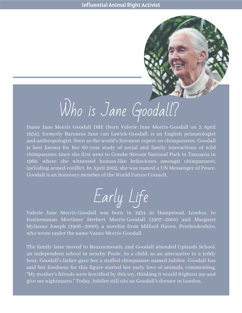 Biography template: Jane Goodall Biography (Created by Visual Paradigm Online's Biography maker)