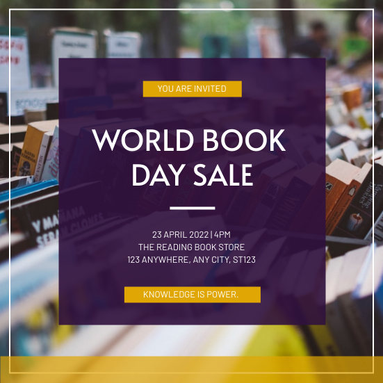 Purple And Yellow Simple World Book Day Sale Invitation