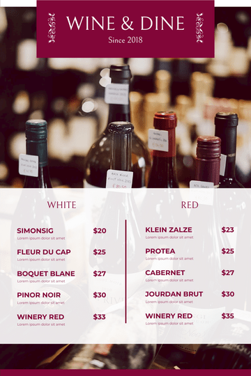 Editable menus template:Red Wine Photo Wine And Dine Restaurant Menu