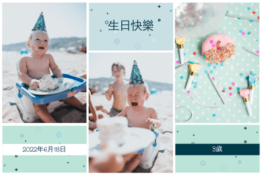 Editable greetingcards template:淺藍色嬰兒和蛋糕照片生日賀卡