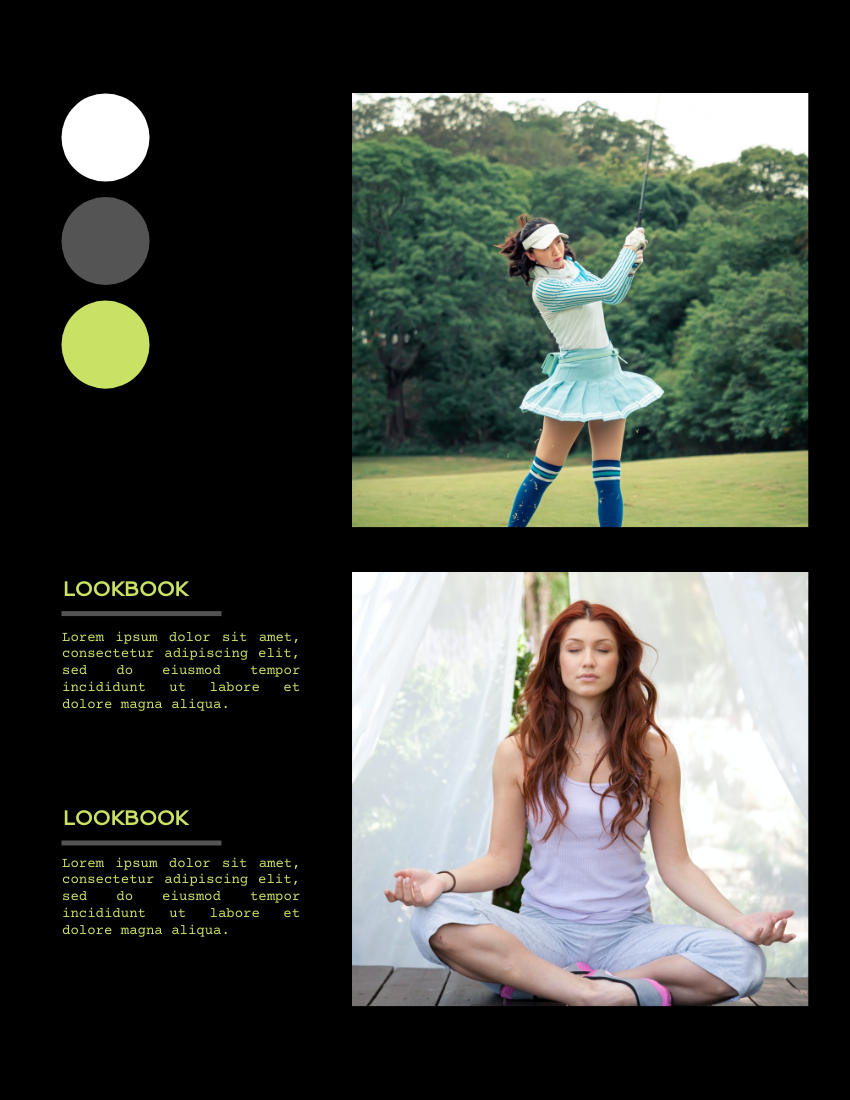 Lookbook 模板。 Female Sport Apparel Lookbook (由 Visual Paradigm Online 的Lookbook軟件製作)
