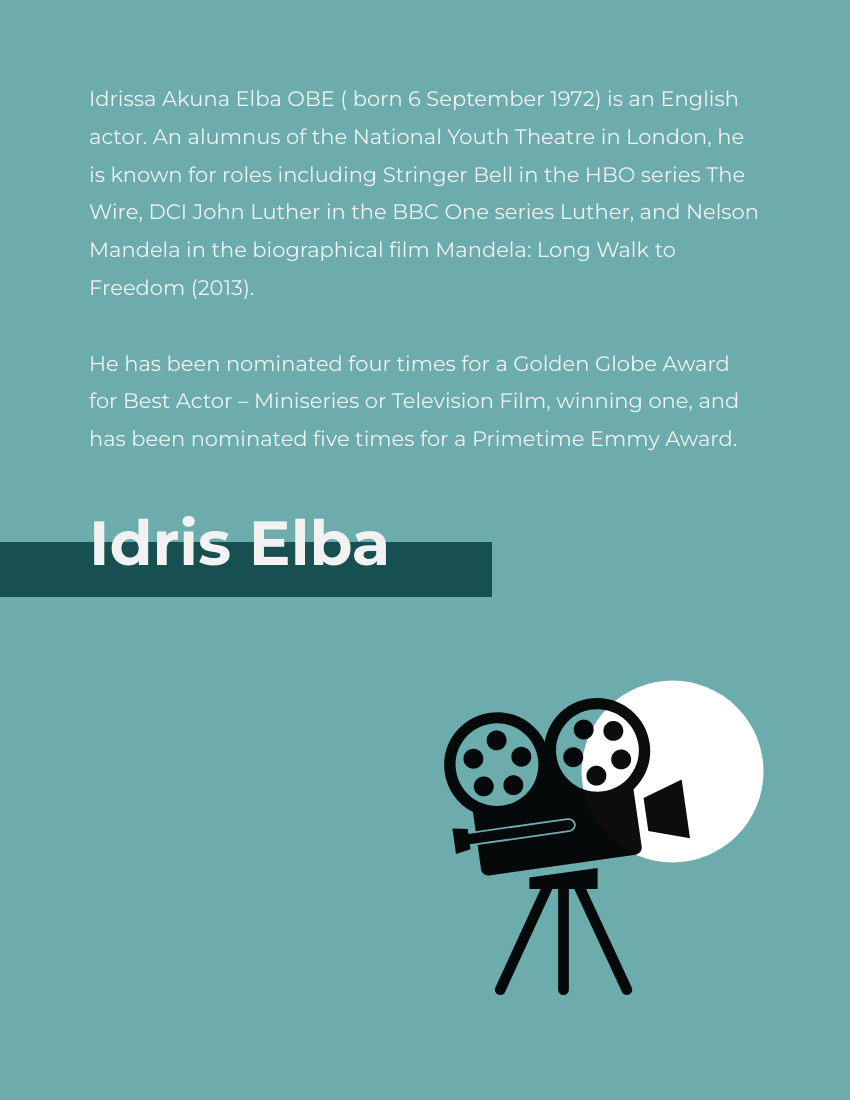 Biography template: Idris Elba Biography (Created by Visual Paradigm Online's Biography maker)