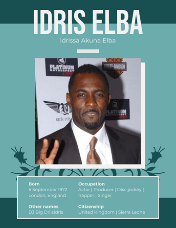 Biography 模板。Idris Elba Biography (由 Visual Paradigm Online 的Biography软件制作)