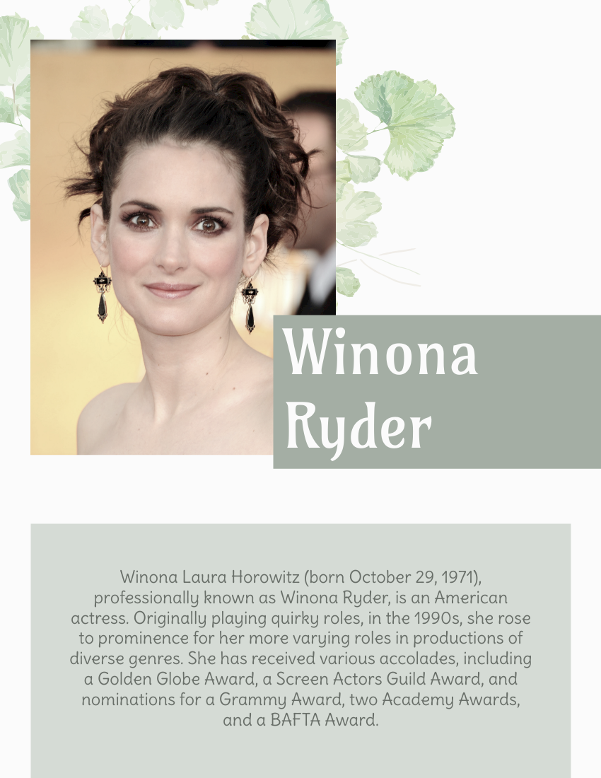 Biography template: Winona Ryder Biography (Created by Visual Paradigm Online's Biography maker)