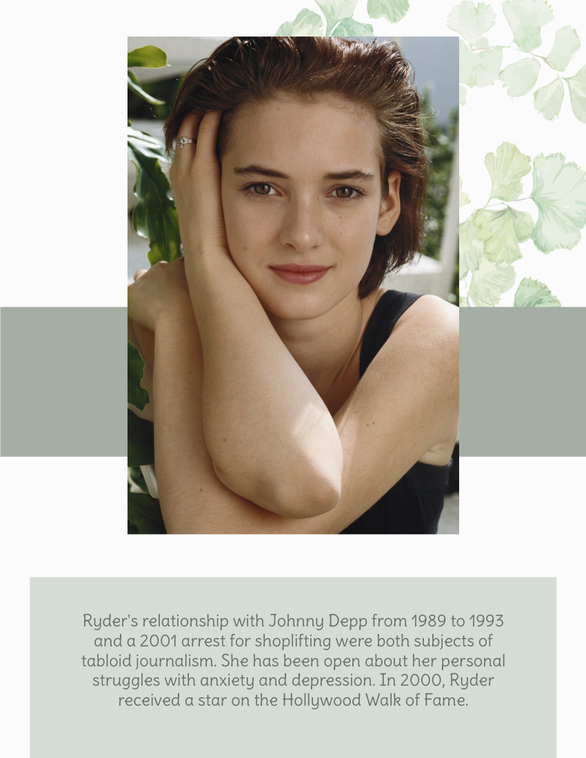 Biography template: Winona Ryder Biography (Created by Visual Paradigm Online's Biography maker)