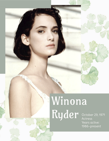 Biography 模板。 Winona Ryder Biography (由 Visual Paradigm Online 的Biography軟件製作)