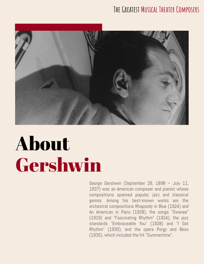 Biography template: George Gershwin Biography (Created by Visual Paradigm Online's Biography maker)