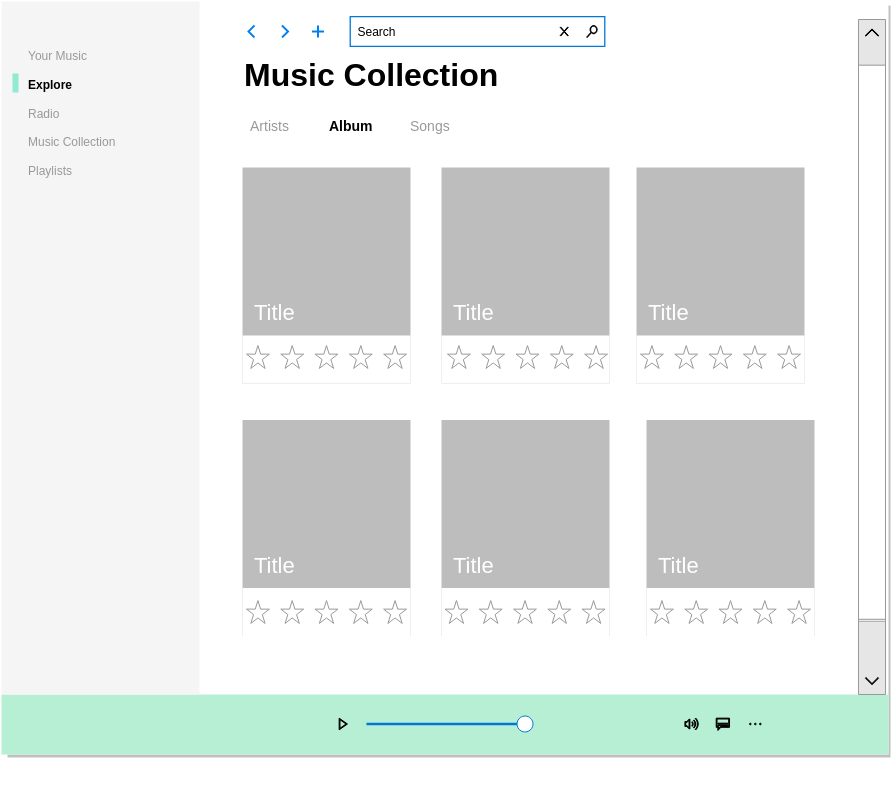 流畅设计线框 模板。Music App Fluent UI (由 Visual Paradigm Online 的流畅设计线框软件制作)