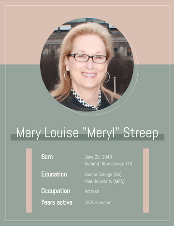 Biography 模板。 Meryl Streep Biography (由 Visual Paradigm Online 的Biography軟件製作)