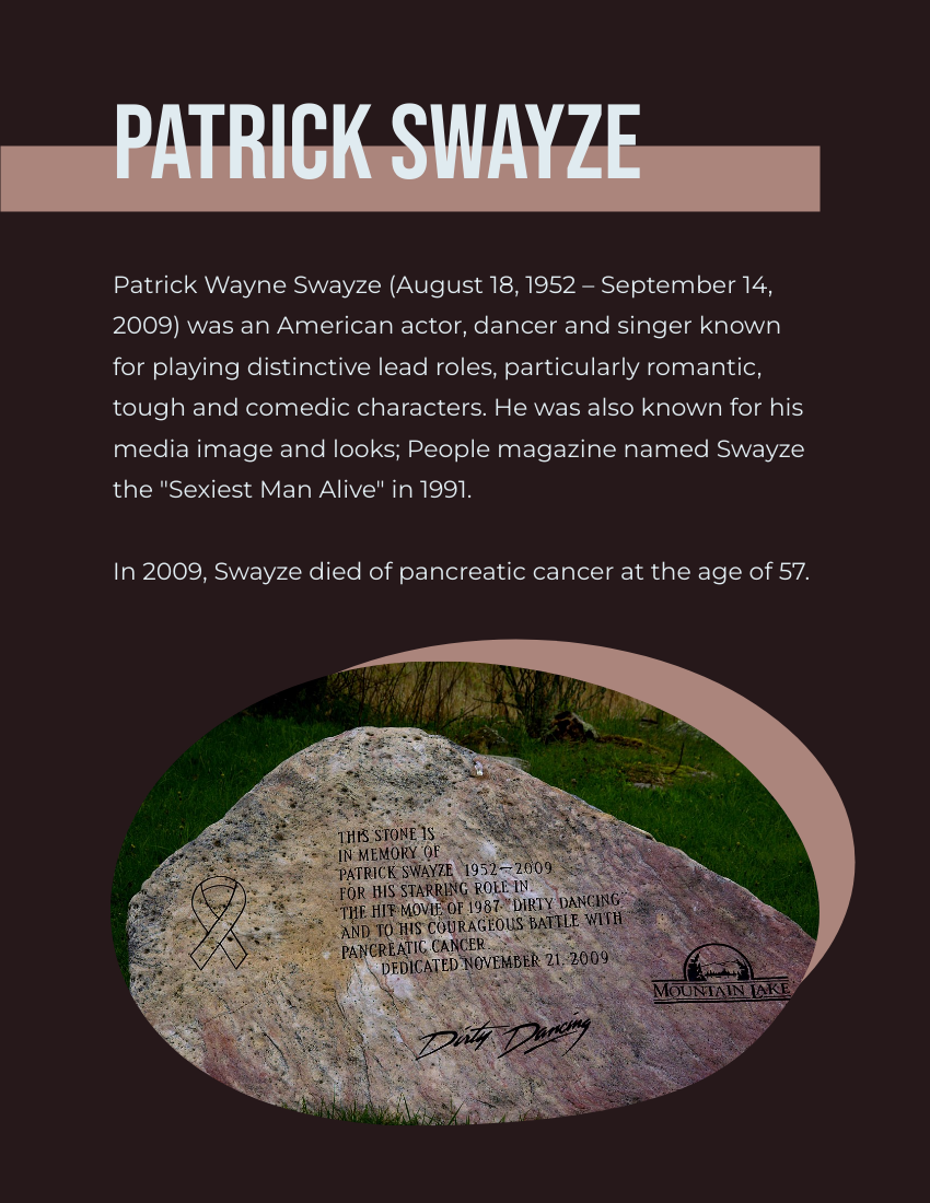 Biography template: Patrick Swayze Biography (Created by Visual Paradigm Online's Biography maker)