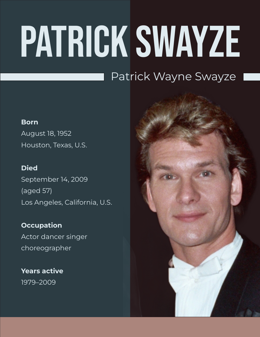 Biography template: Patrick Swayze Biography (Created by Visual Paradigm Online's Biography maker)