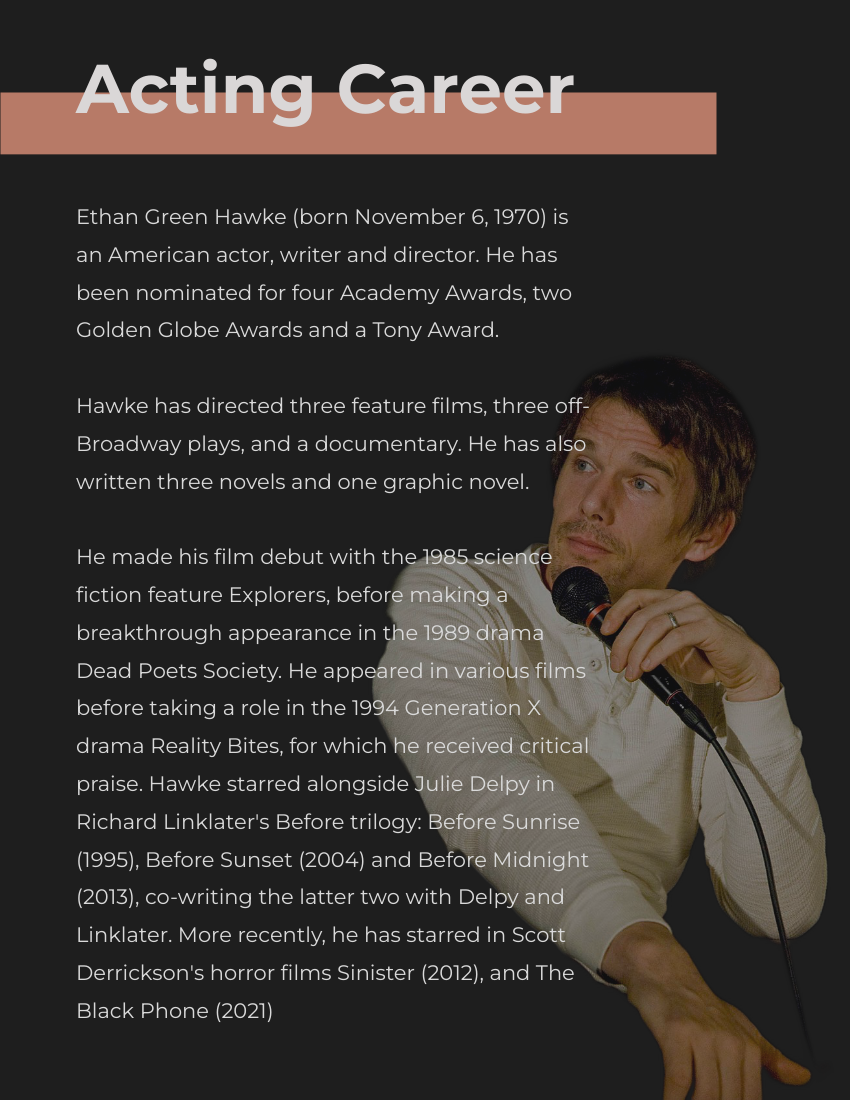 Biography template: Ethan Hawke Biography (Created by Visual Paradigm Online's Biography maker)