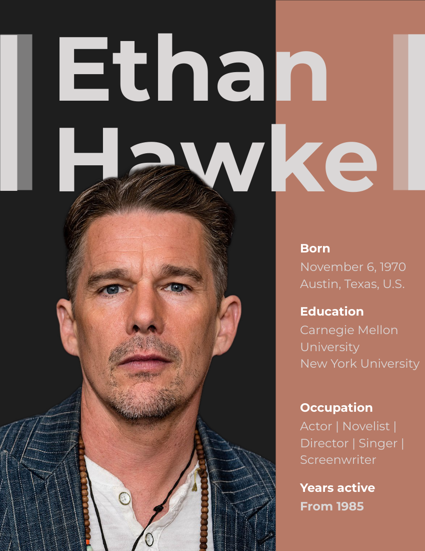 Biography template: Ethan Hawke Biography (Created by Visual Paradigm Online's Biography maker)