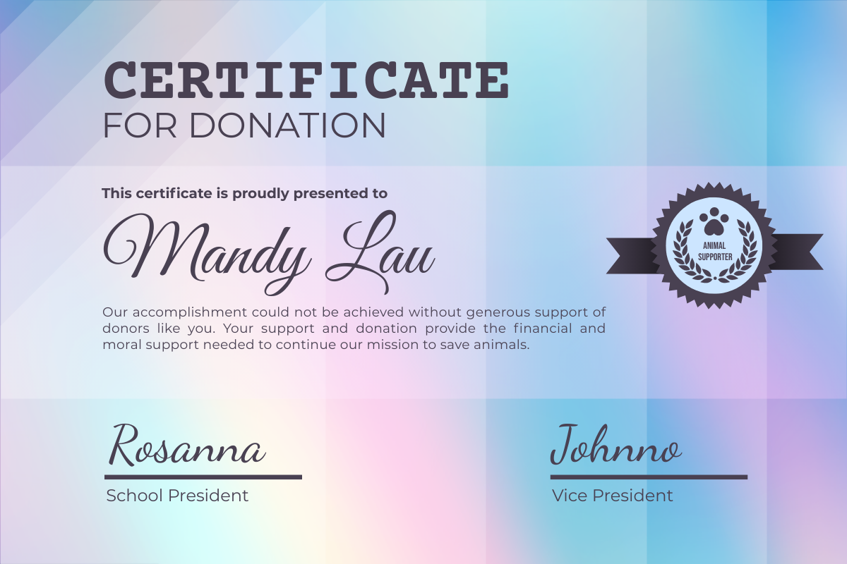 Certificate template: Pastel Holographic Certificate For Donation (Created by Visual Paradigm Online's Certificate maker)