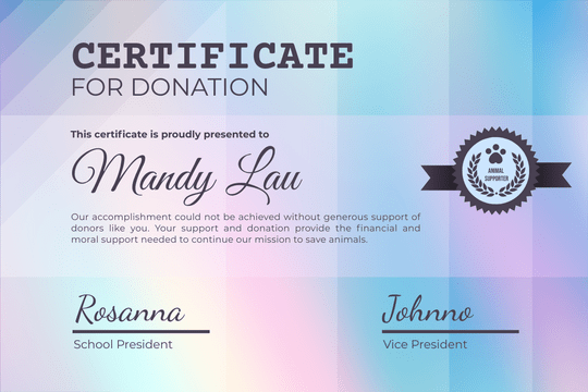 Editable certificates template:Pastel Holographic Certificate For Donation
