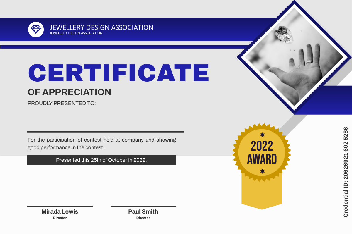 Certificate template: Jewellery Course Completion Certificate (Created by InfoART's Certificate maker)