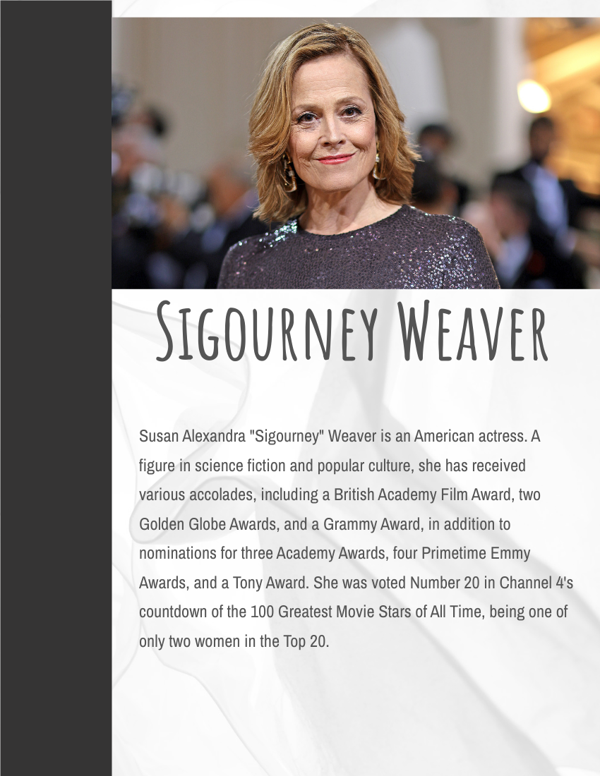 Biography template: Sigourney Weaver Biography (Created by Visual Paradigm Online's Biography maker)