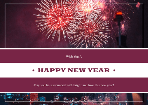 Editable postcards template:Red Purple Fireworks Background New Year Postcard
