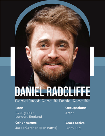 Biography 模板。Daniel Radcliffe Biography (由 Visual Paradigm Online 的Biography软件制作)