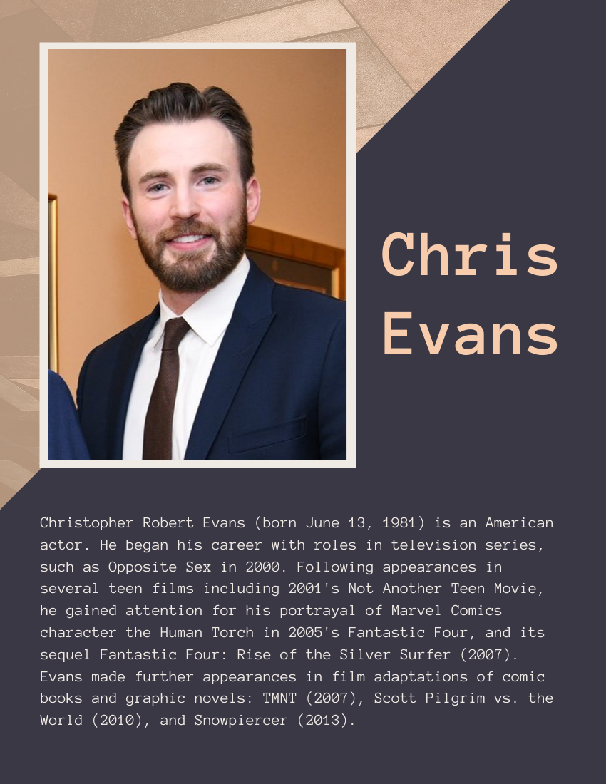 Biography template: Chris Evans Biography (Created by Visual Paradigm Online's Biography maker)