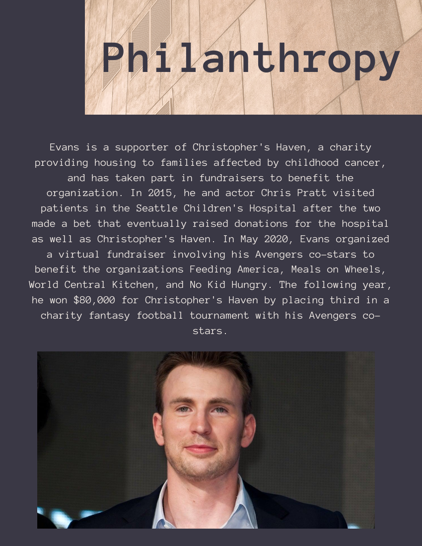 Biography template: Chris Evans Biography (Created by Visual Paradigm Online's Biography maker)