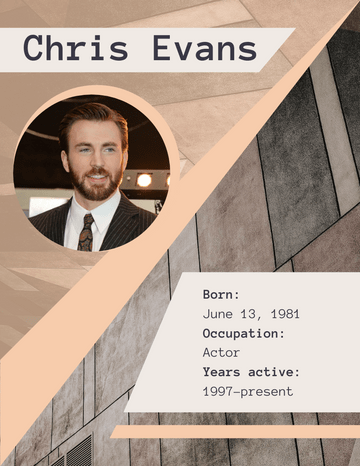 Biography 模板。 Chris Evans Biography (由 Visual Paradigm Online 的Biography軟件製作)