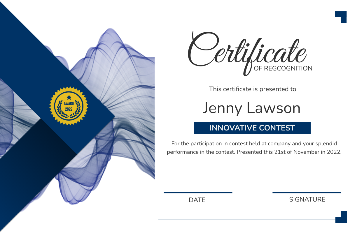 Certificate template: Navy Certificate Of  Recognition (Created by Visual Paradigm Online's Certificate maker)
