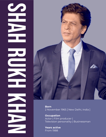 Biography 模板。Shah Rukh Khan Biography (由 Visual Paradigm Online 的Biography软件制作)