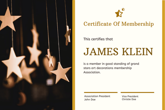 Certificate template: Gold Christmas Stars Photo Membership Certificate (Created by Visual Paradigm Online's Certificate maker)