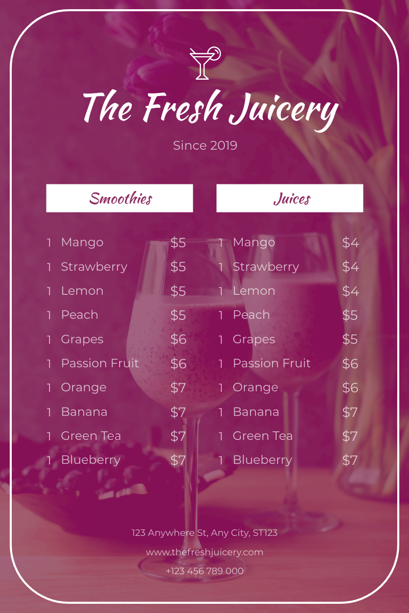 Menu template: Purple Juice Photo Fresh Drink Menu (Created by InfoART's Menu maker)