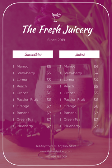 Editable menus template:Purple Juice Photo Fresh Drink Menu