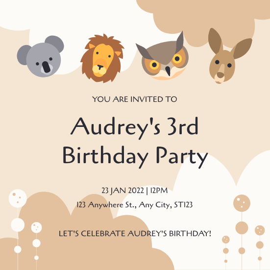 Invitation template: Brown Pastel Animals Cartoon Baby Birthday Invitation (Created by InfoART's Invitation maker)