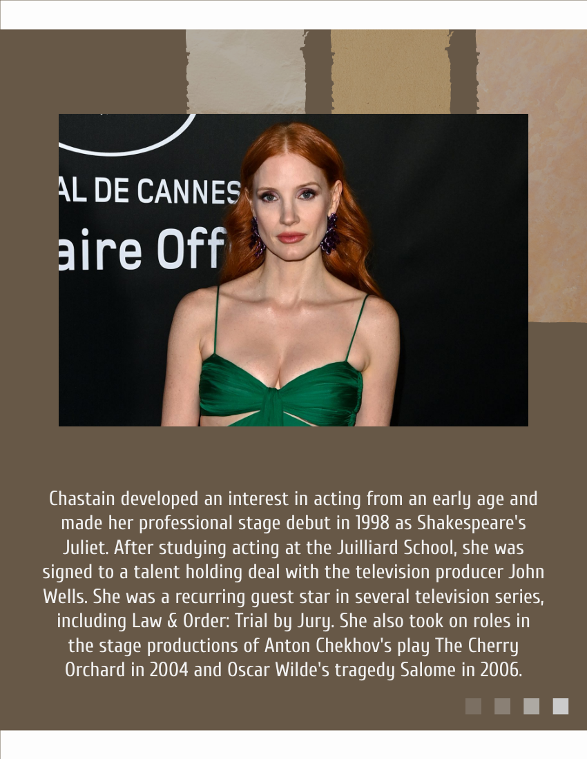 Biography template: Jessica Chastain Biography (Created by Visual Paradigm Online's Biography maker)